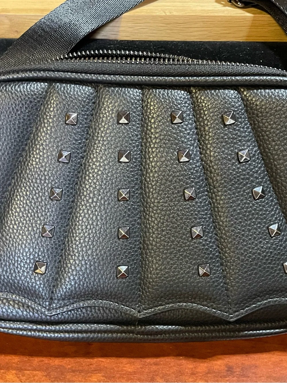 RadRev Edgy Crossbody in Black / Studded Batwing Scalloped Magnetic Flap